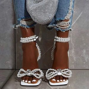 Women's Square Toe Clear Rhinestone Bow Ankle Strap Stiletto High Heel Sandals